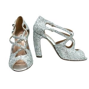 MIU MIU SILVER GLITTER OPEN TOE 2 STRAP CRISS CROSS 4" HEEL SANDALSl